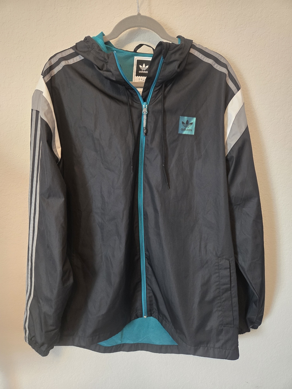 adidas Black Hooded Windbreaker with Teal Accent